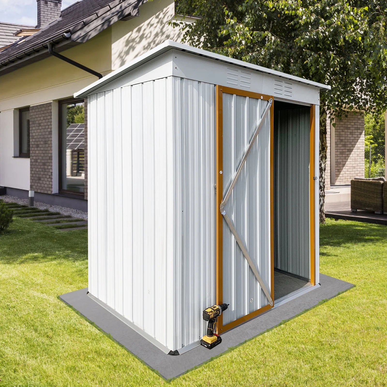 SYNGAR Storage Sheds 5 x 3 ft, Outdoor Storage Cabinet with Lockable Door Sloped Roof, Outdoor Storage Box Waterproof UV Proof for Patio Garden, Metal Tool Shed, White