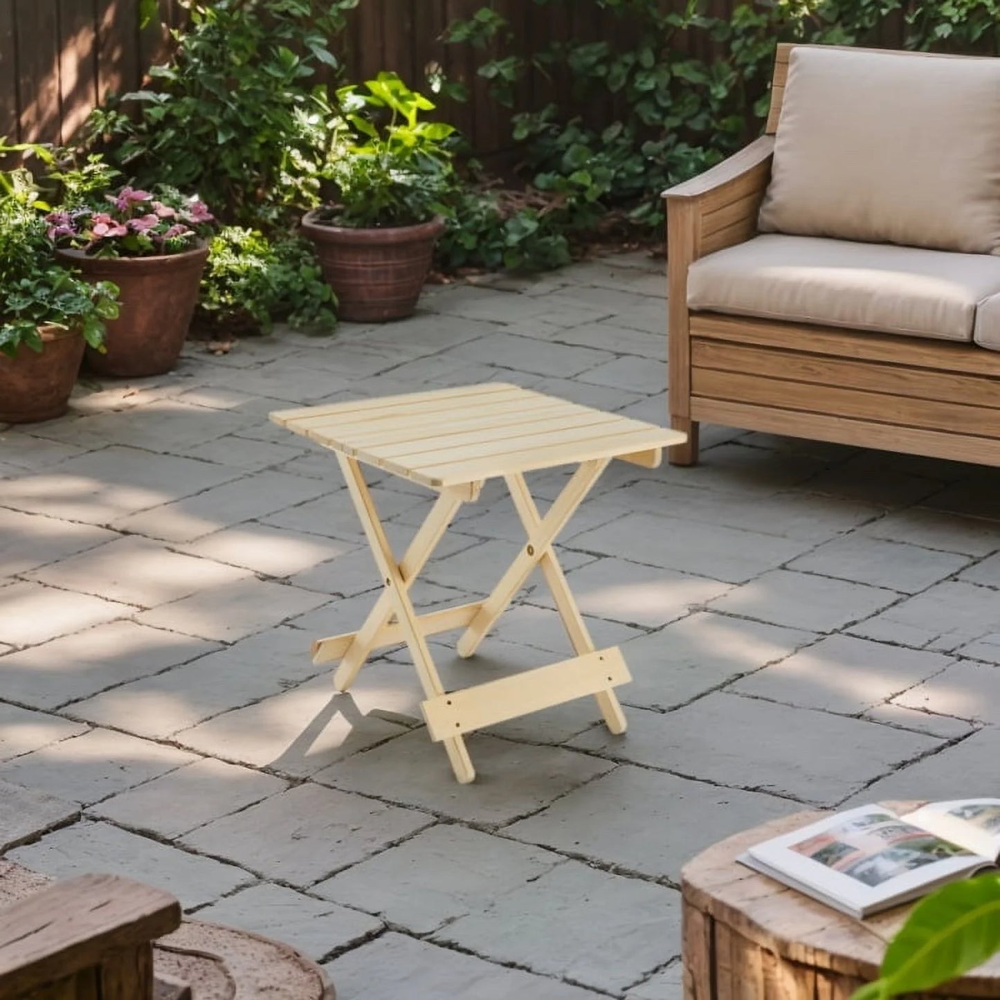 Folding Square Table Patio Outdoor solid wood Table for Backyard, Balcony, Portable Design Space-Saving Natural Wood Color