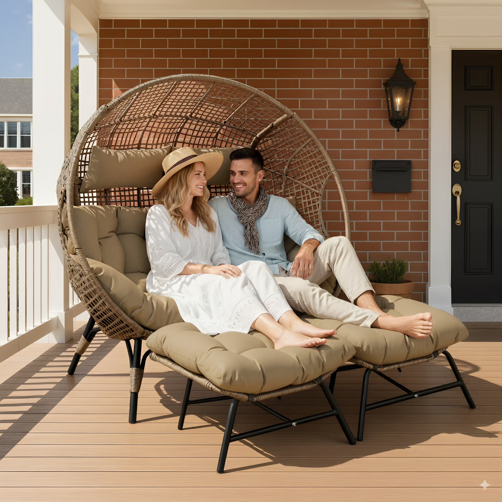RADIATA 440 lbs Outdoor Egg Chair with Foot Rest & Ottoman, Wicker Patio Egg Chair for Indoor or Garden,Beige