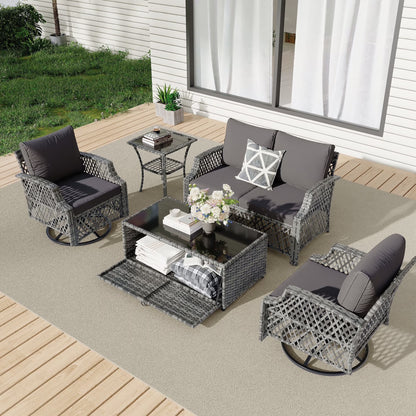 Vicluke 8 Piece Patio Furniture Set, Wicker Outdoor Conversation Sofa Set with Swivel Chairs, 2 Ottomans, Storage Coffee Table, Rattan Outdoor Sectional for Deck Backyard Porch 9 Seats, Khaki)