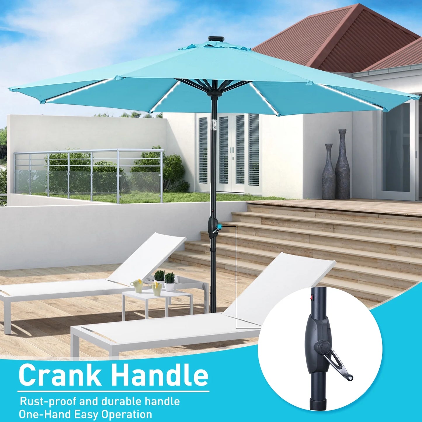 Autlaycil 10 FT Solar LED Lighted Patio Umbrella with LED Table Umbrella with 8 LED Strip Lights, Fade-resistant & Waterproof for Garden, Backyard, Poolside, Push Button Tilt (Blue)