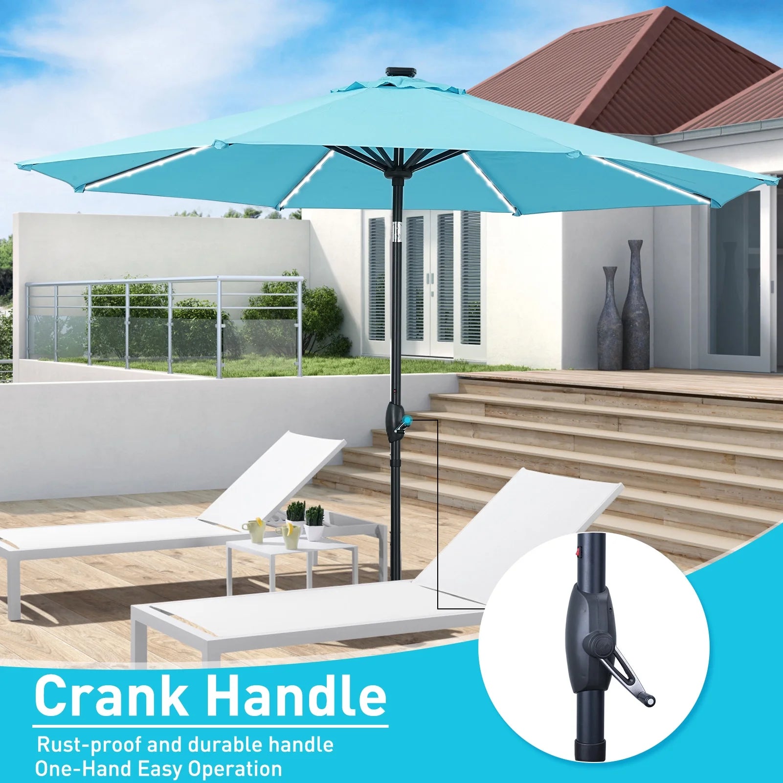 Autlaycil 10 FT Solar LED Lighted Patio Umbrella with LED Table Umbrella with 8 LED Strip Lights, Fade-resistant & Waterproof for Garden, Backyard, Poolside, Push Button Tilt (Blue)