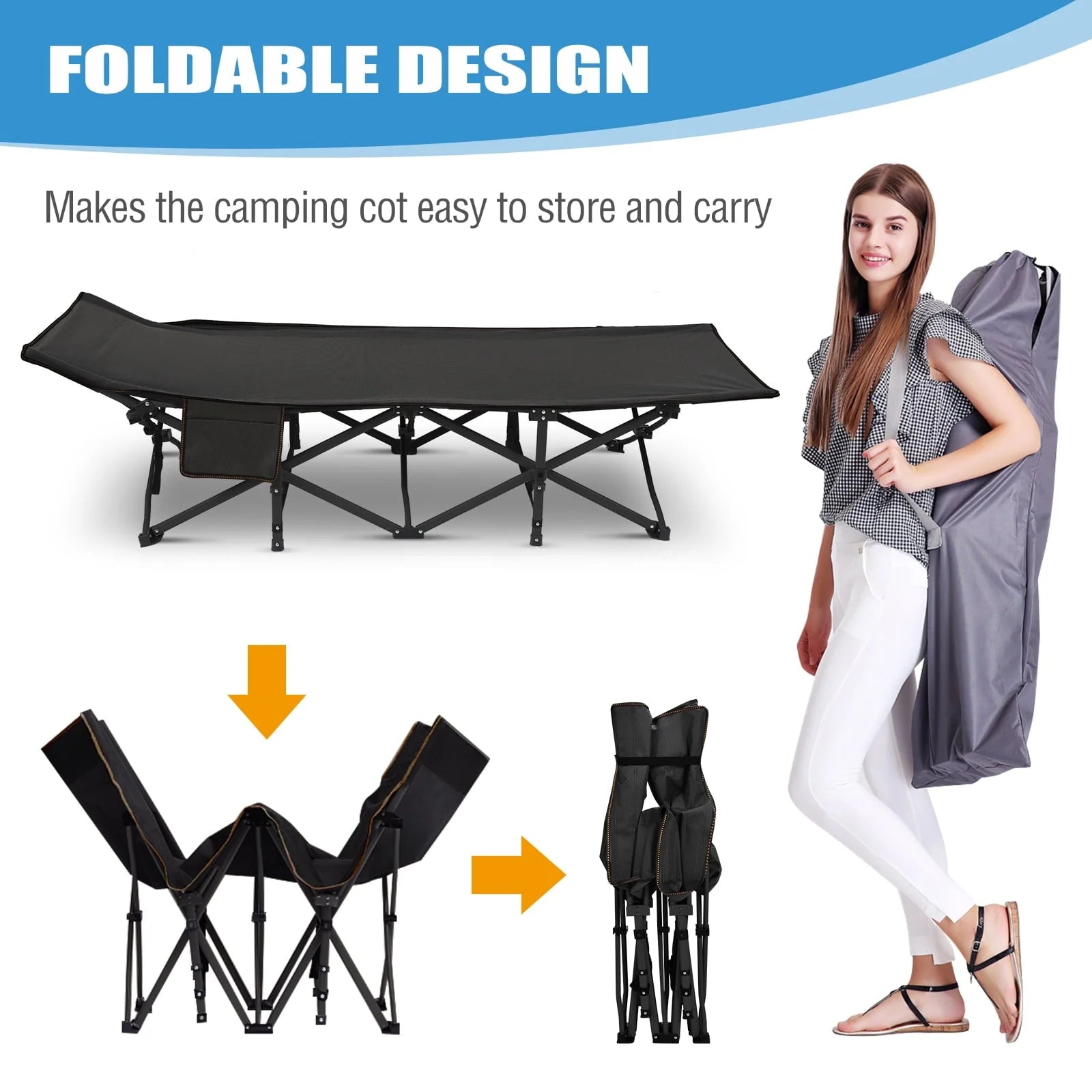 MOPHOTO 75" Adult Camping Cot Folding Cot, Portable Heavy Duty Sleeping Bed with Pad, Outdoor Patio Folding Lounge Chair