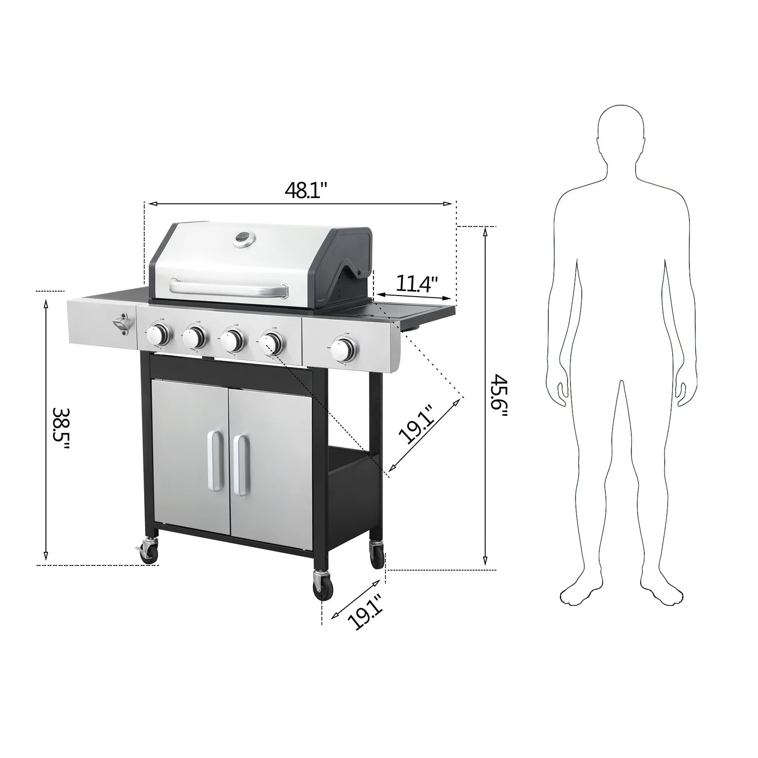 HighSound 3 Burner BBQ Propane Gas Grill, Stainless Steel 25650 BTU Patio Garden Barbecue Grill with Wire Enamel Cooking Grids & Foldable Shelves, Black