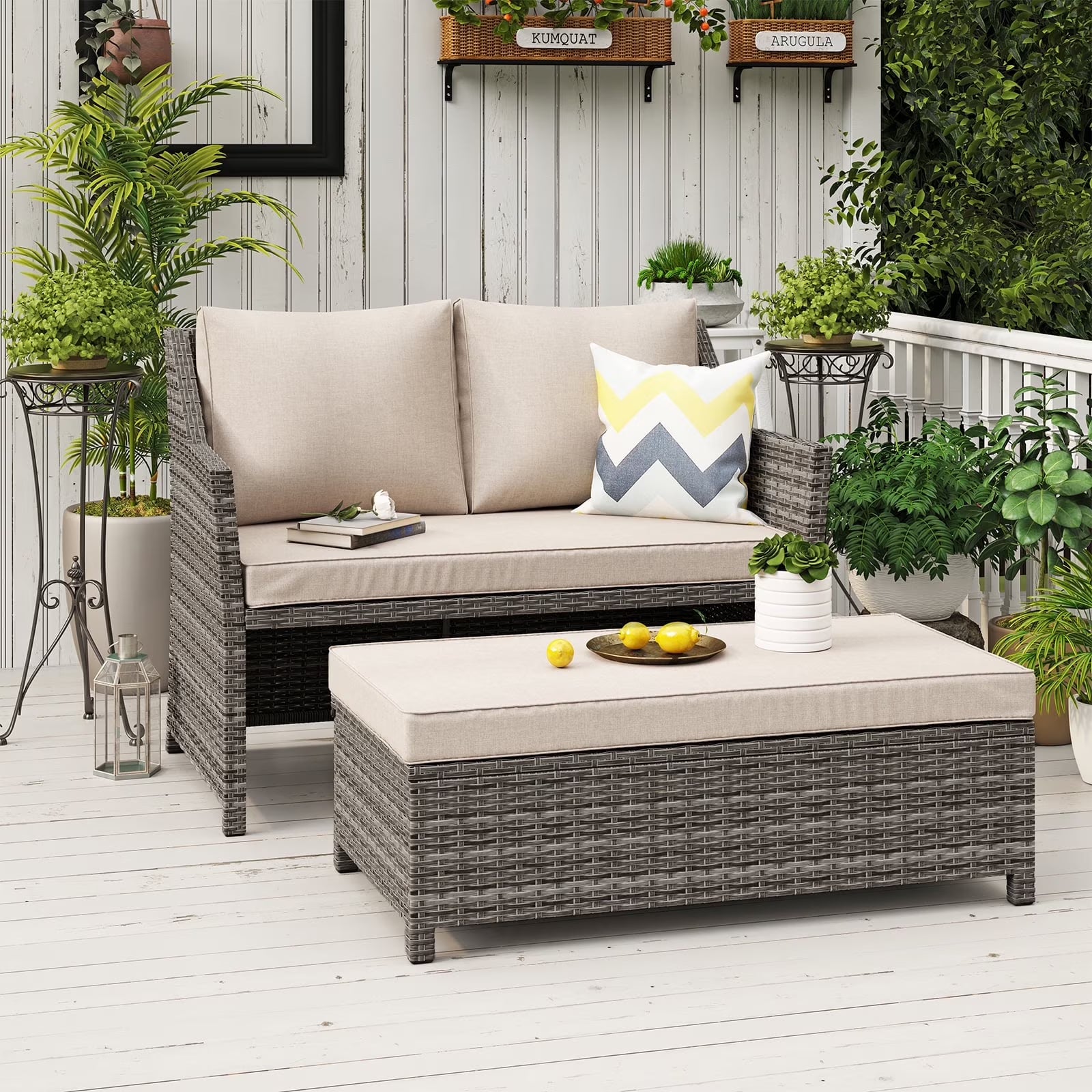 Outdoor Wicker Love Seat and Coffee Table Set, Weather Resistant Grey Rattan, Patio Furniture with Gray Cushions & Storage Bin