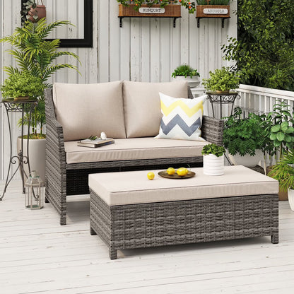 Outdoor Wicker Love Seat and Coffee Table Set, Weather Resistant Grey Rattan, Patio Furniture with Gray Cushions & Storage Bin
