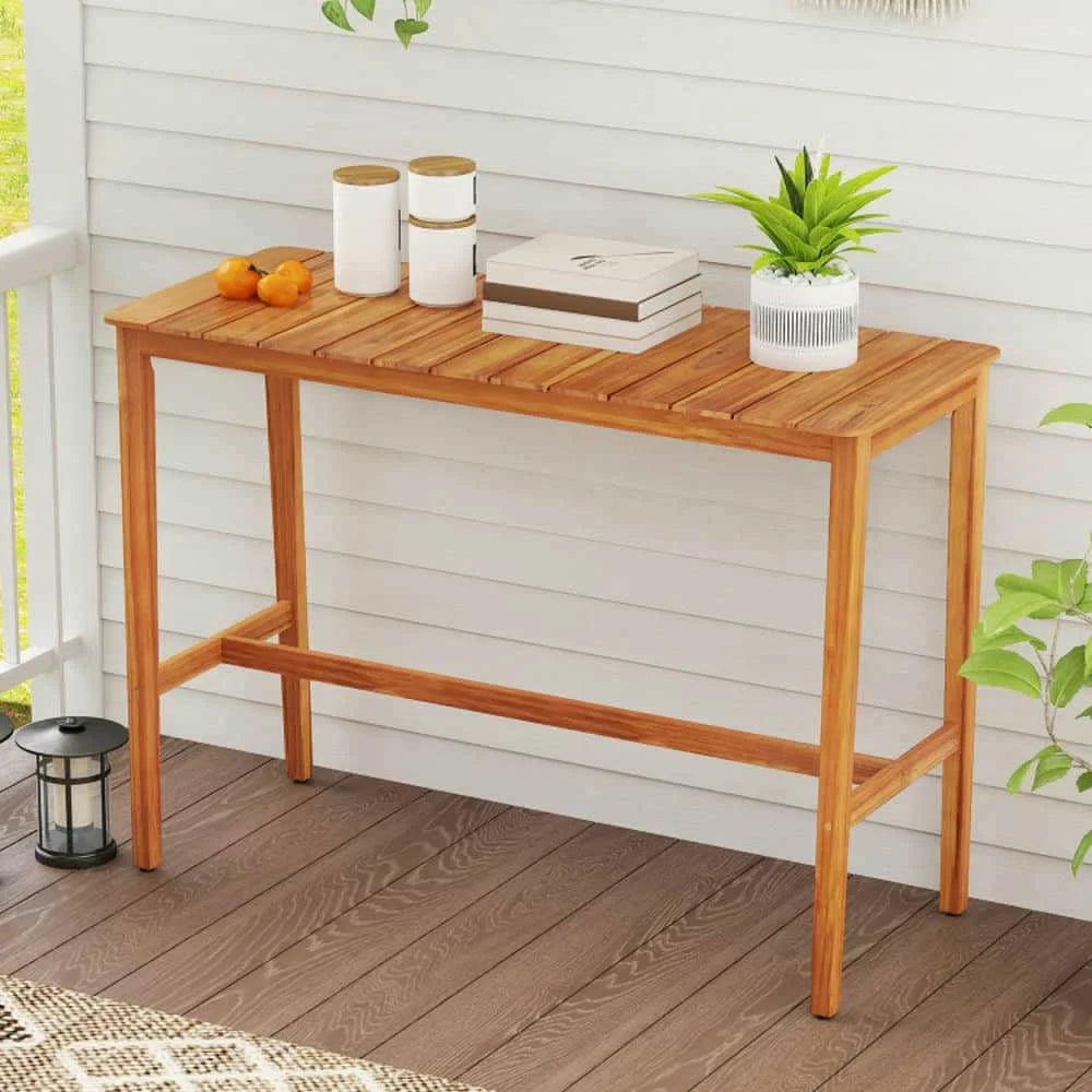Yardi Yarda Acacia Wood Counter Height Table, Patio Bar Furniture with Slatted Tabletop and Footrest Crossbar for Outdoor as Yard, Brown