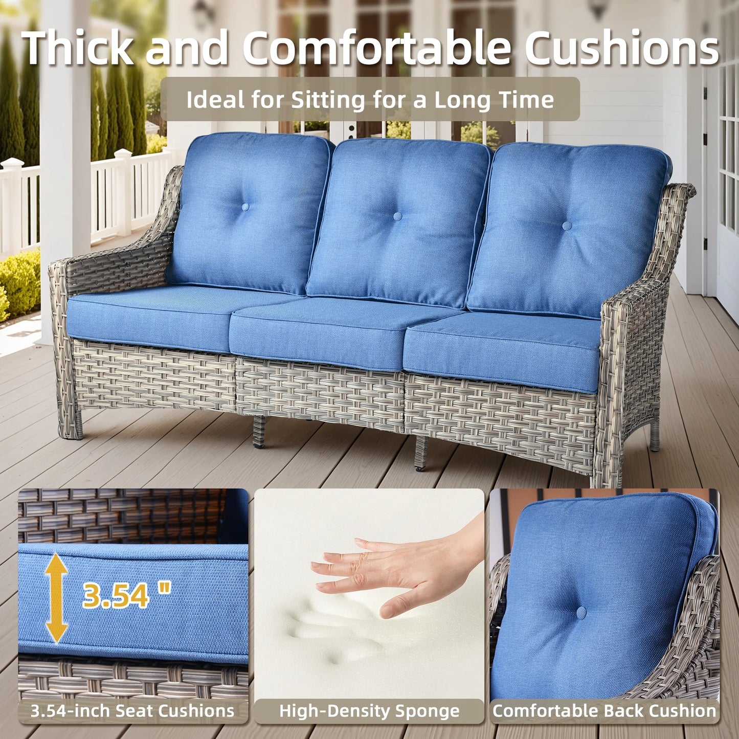 Ovios 6 Pieces Outdoor Furniture Set High Back All-Weather Wicker Patio Conversation Set with Ottomans & Solar Light Coffee Table, Diamond Blue