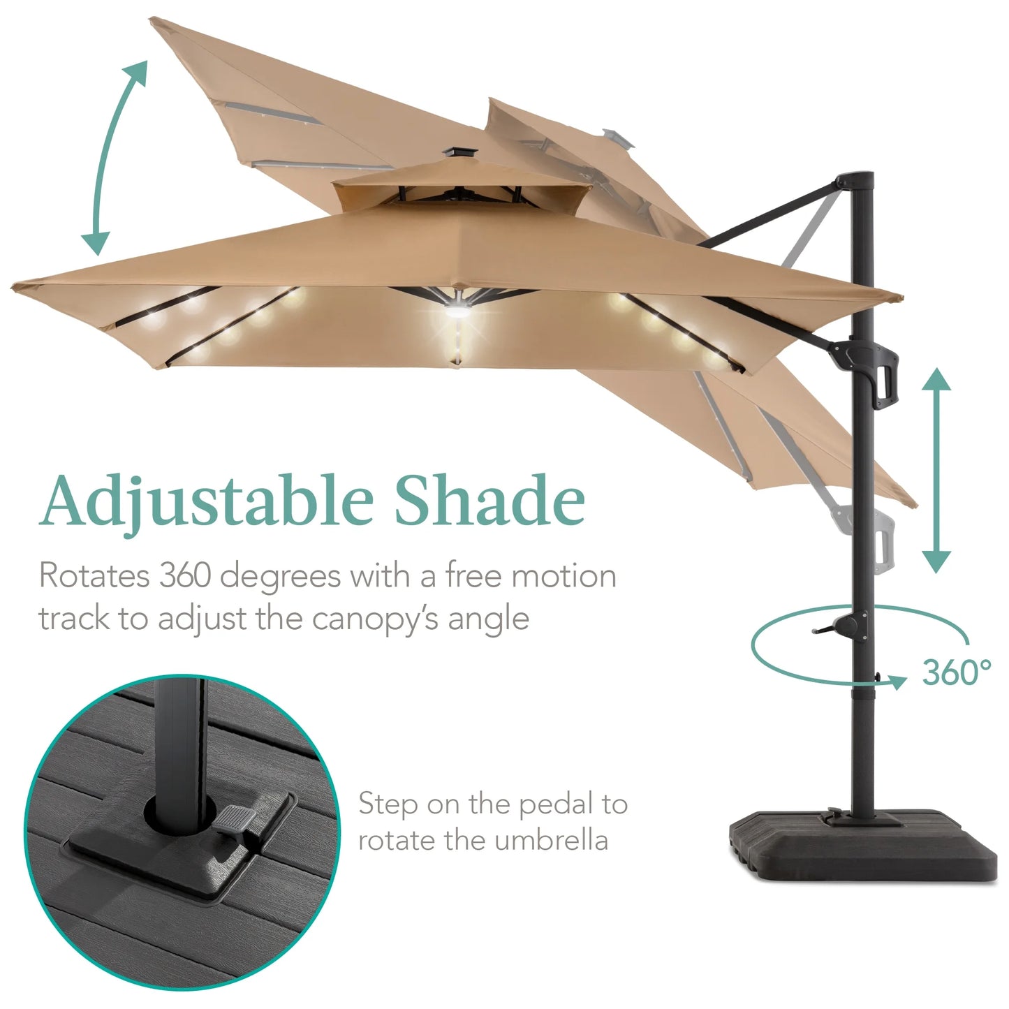 Best Choice Products 10x10ft 2-Tier Square Outdoor Solar LED Cantilever Patio Umbrella w/Base Included - Tan