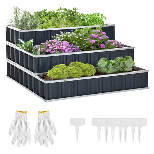 DUOSONG Outsunny 3 Tier Raised Garden Bed Color Steel Raised Garden Bed W/Pair Of Glove 47''X 47''X 25'' For Backyard, Patio To Grow Vegetables, Herbs, And Flowers, Grey Gray Steel Garden & Outdoor