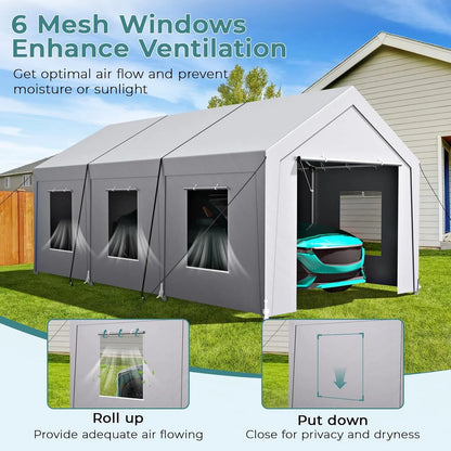 Vitarpatio Carport, 10x20 ft Heavy Duty Car Port Canopy with 6 Roll-up Windows, Reinforced Metal Carport Portable Garage Waterproof Car Tent with Removable Sidewalls & Door