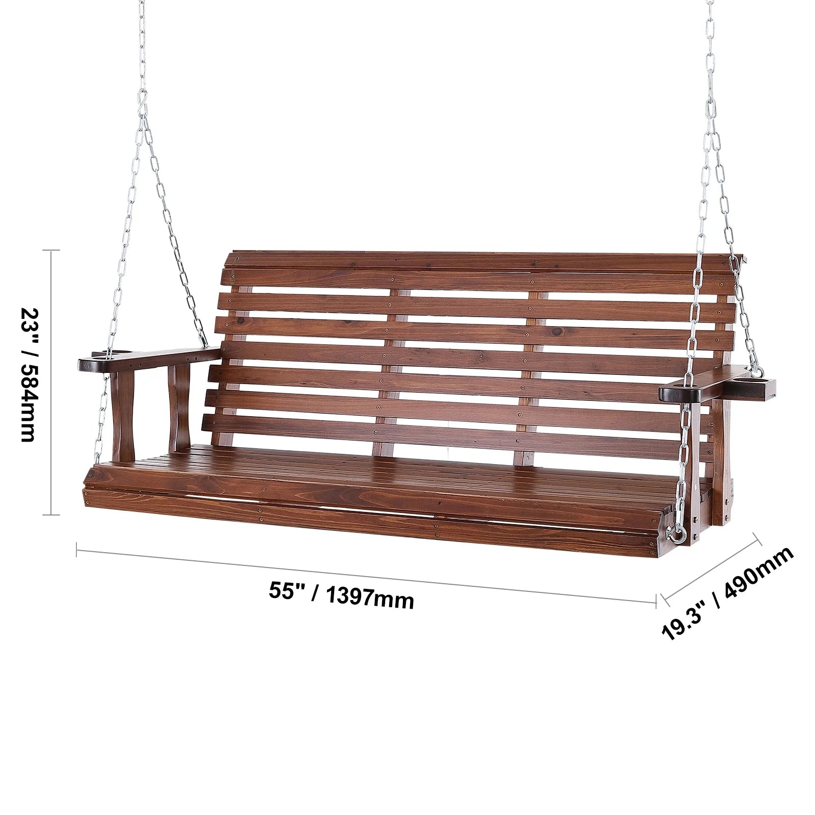 KFFKFF Outdoor Swing Bench 5.5 ft, Garden and Patio Wooden Swing, Enhanced 880 lbs Capacity, Durable Hanging Chair with Chains for Outside Use, Brown