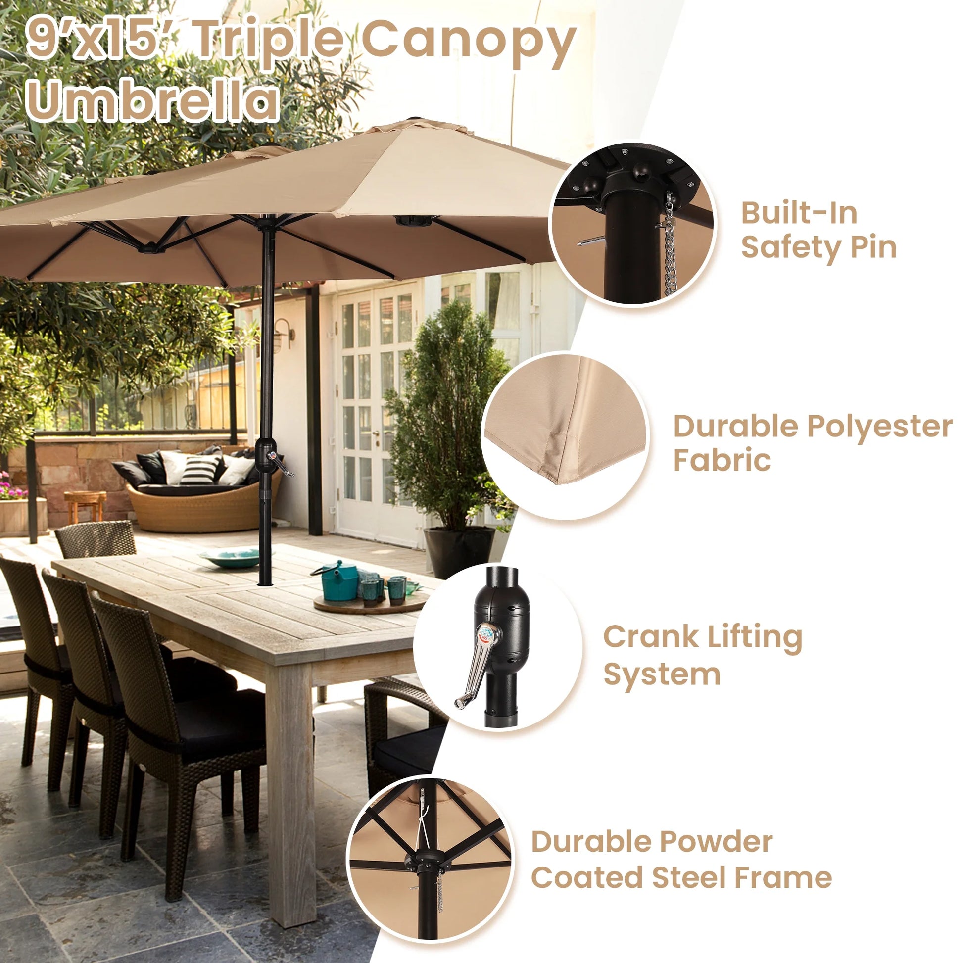 Sun-Ray 9'x15' Steel Triple Canopy Umbrella, Taupe - Outdoor Patio Umbrella with Base, UV Protection & Wind-Resistant, Large Rectangular Shade for Garden, Poolside, Deck, and Backyard