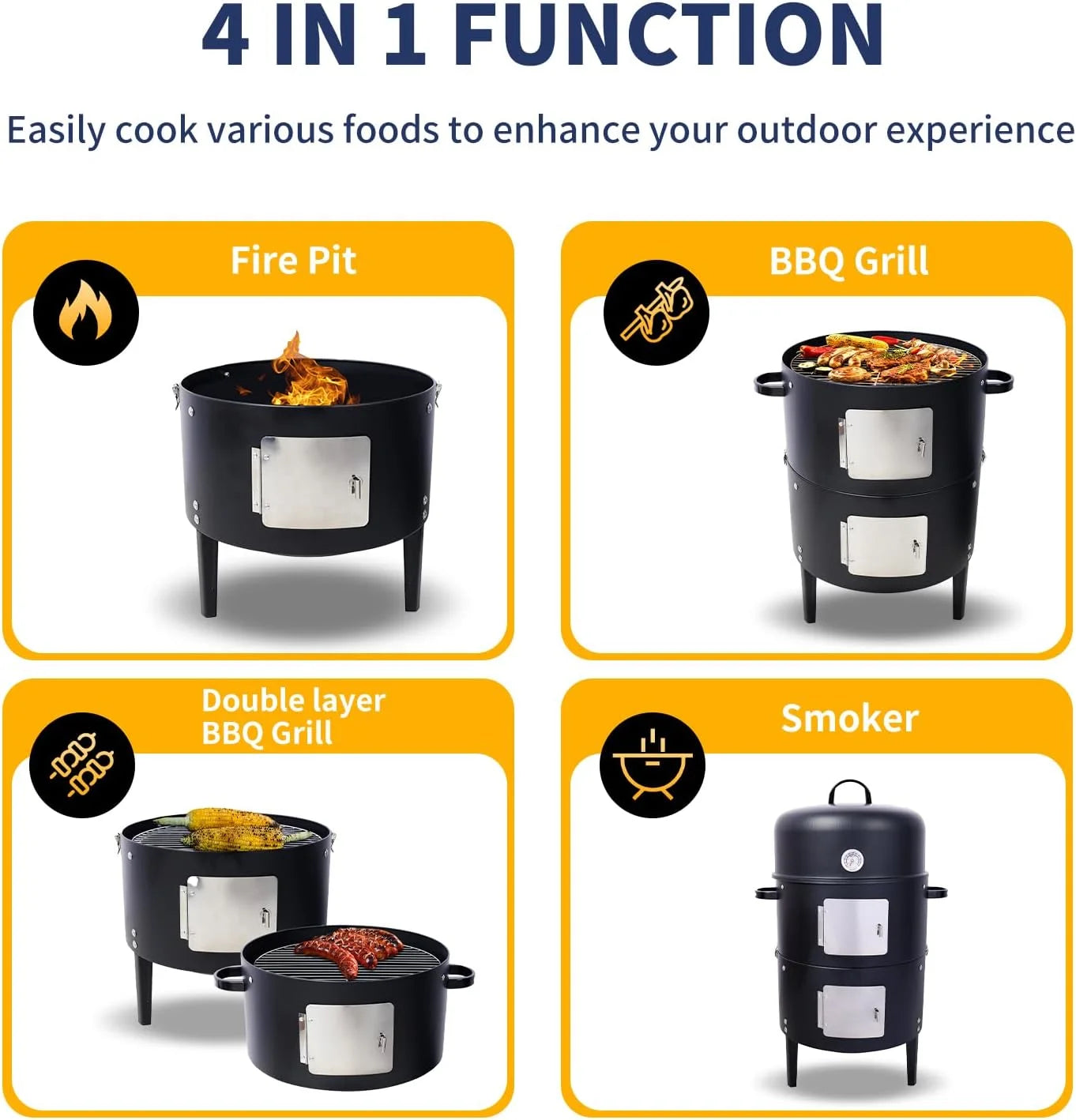 16 inch Vertical Charcoal Smoker, BBQ Grill, Fire Pit, 3-in-1 with Built-in Thermometer, Adjustable Air Vent, Idea for Parties, Backyard, Patio, Camping