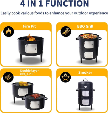 16 inch Vertical Charcoal Smoker, BBQ Grill, Fire Pit, 3-in-1 with Built-in Thermometer, Adjustable Air Vent, Idea for Parties, Backyard, Patio, Camping
