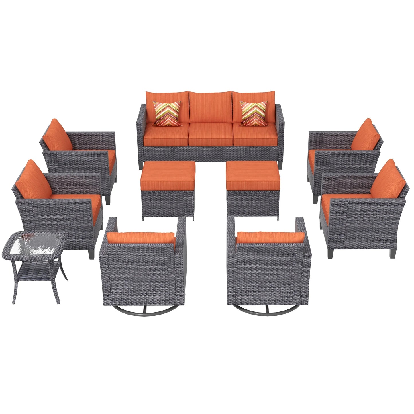 Ovios 10 Pieces Outdoor Patio Furniture with 360° Swivel Rocking Chairs All Weather Patio Sectional Sofa Set for Balcony