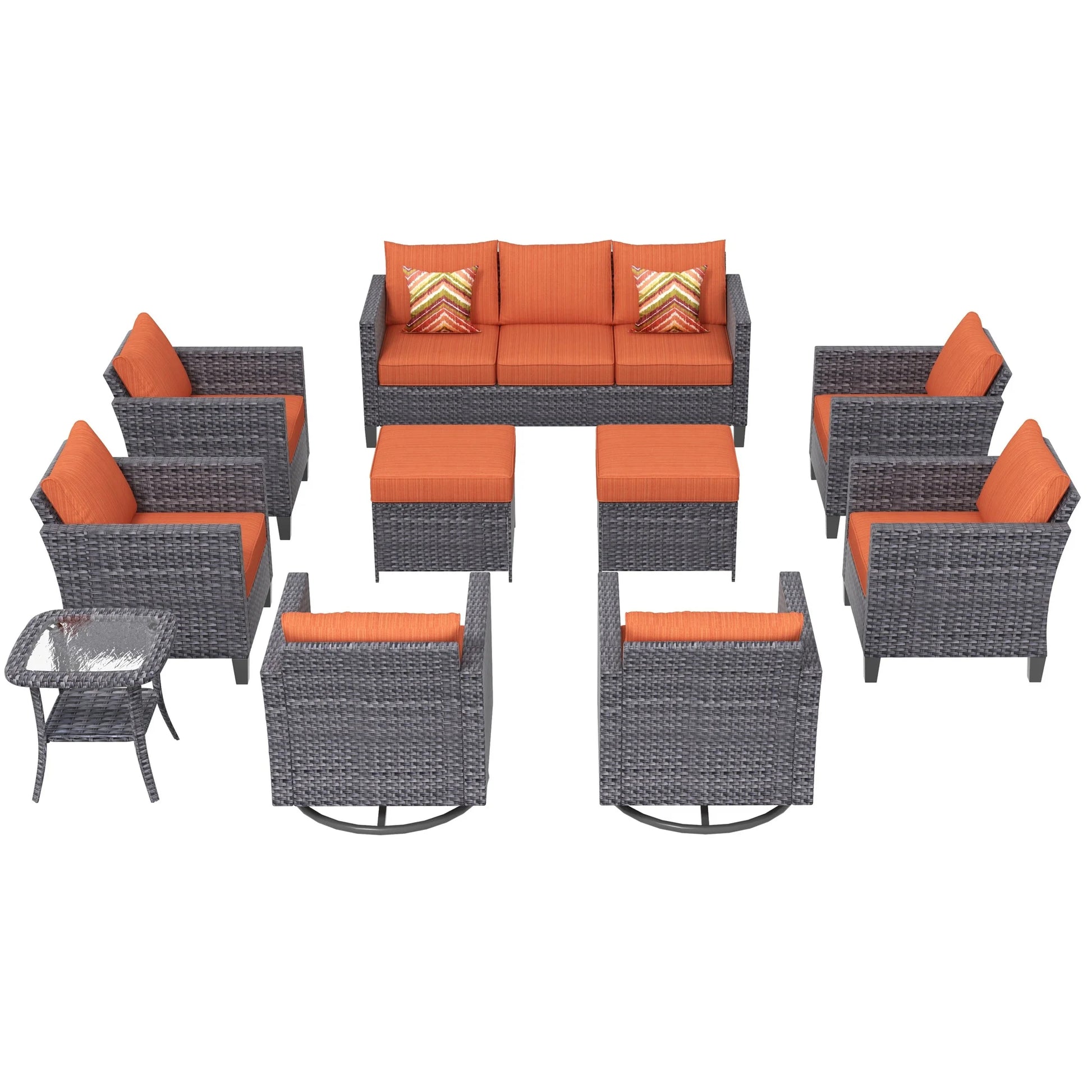 Ovios 10 Pieces Outdoor Patio Furniture with 360° Swivel Rocking Chairs All Weather Patio Sectional Sofa Set for Balcony