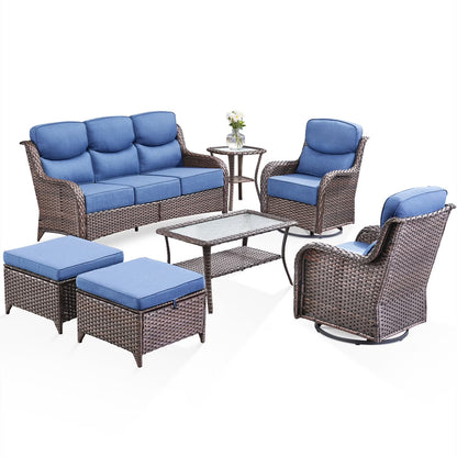 Bellefurn Luxury Outdoor Patio Furniture Set,Swivel Rocker Patio Chairs with 6-inch Thick Cushion,Patio Sofa and Glass Coffee Table,Outdoor Conversation Set for Porch, Deck, Yard