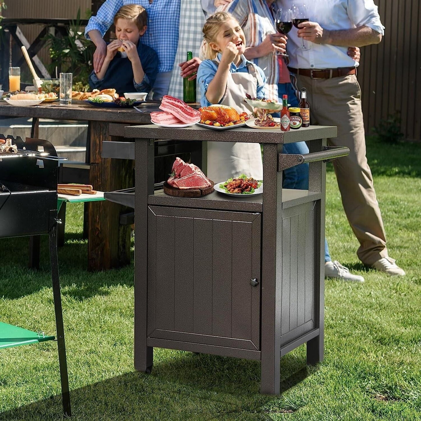Domi Grill Carts Outdoor with Storage and Wheels, Whole Metal Portable Table and Storage Cabinet for BBQ,Deck,Patio,Backyard(Brown)
