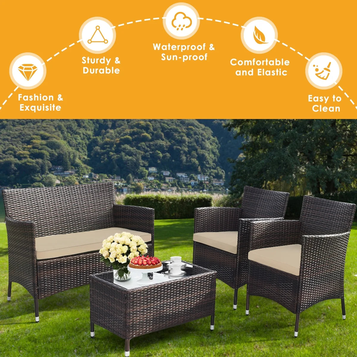 Gymax 4PCS Patio Rattan Outdoor Furniture Set w/Cushioned Chair Loveseat Table