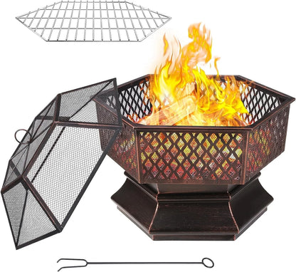 Arlopu 30'' Hex Shaped Steel Fire Pit for Outside, Wood Burning Fireplace Fire Bowl with Spark Screen & Fire Poker for Patio, Backyard, Camping