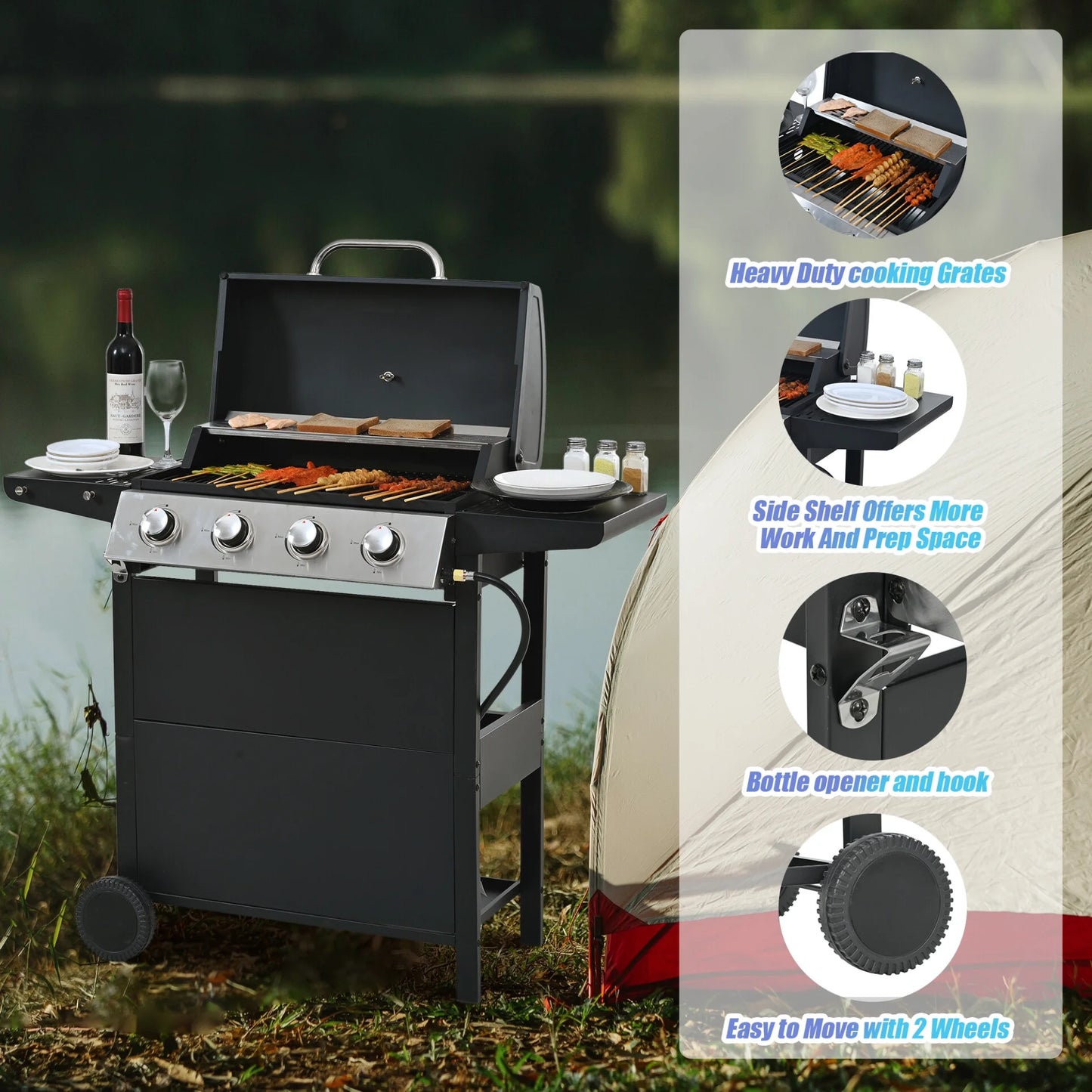 4 Burner Propane Gas Grill with 34,000 BTU Powerful Heat, Stainless Steel Grill with Double Shelves, for Patio, Garden, Black
