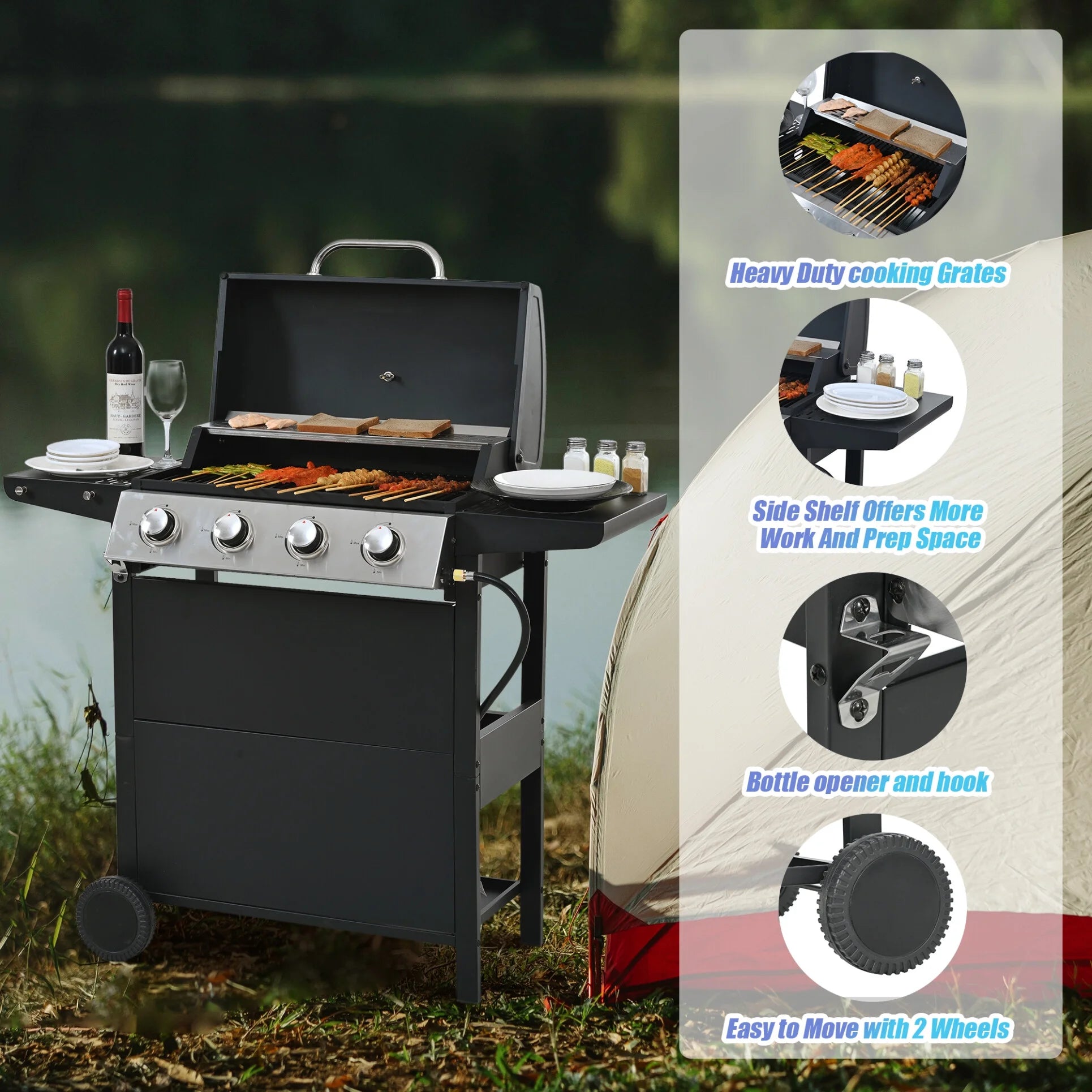 4 Burner Propane Gas Grill with 34,000 BTU Powerful Heat, Stainless Steel Grill with Double Shelves, for Patio, Garden, Black