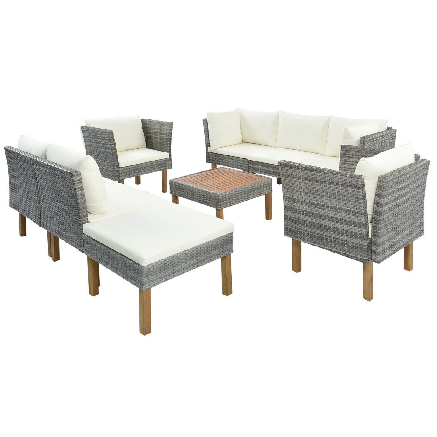 CoSoTower 9-Piece Outdoor Patio Garden Wicker Sofa Set, Gray PE Rattan Sofa Set, with Wood Legs, Acacia Wood Tabletop, Armrest Chairs with Beige Cushions