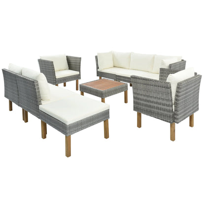 CoSoTower 9-Piece Outdoor Patio Garden Wicker Sofa Set, Gray PE Rattan Sofa Set, with Wood Legs, Acacia Wood Tabletop, Armrest Chairs with Beige Cushions