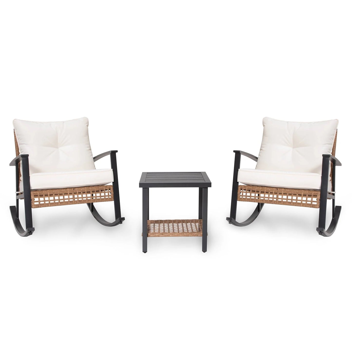 LAUSAINT HOME 3 Pieces Patio Outdoor Conversation Set with 2-Tier Coffee Table, PE Wicker and Galvanized Steel(Beige)