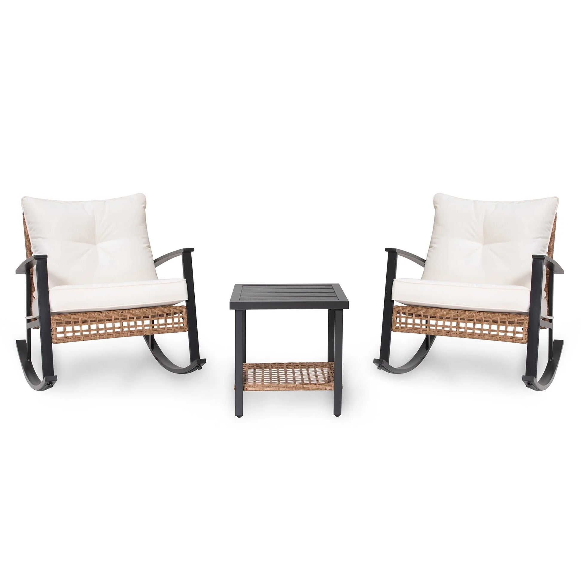LAUSAINT HOME 3 Pieces Patio Outdoor Conversation Set with 2-Tier Coffee Table, PE Wicker and Galvanized Steel(Beige)