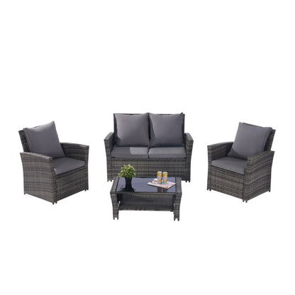 4 Pieces Outdoor Patio Furniture Sets Garden Rattan Chair Wicker Set, Poolside Lawn Chairs with Tempered Glass Coffee Table Porch Furniture