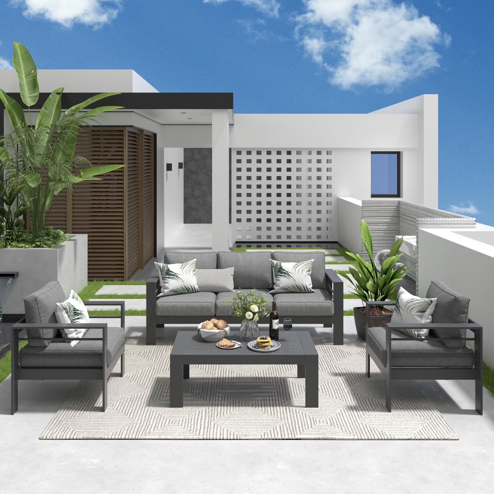 CozyHom 5 Pcs Outdoor Patio Aluminum Furniture Sofa Sets, Outside Patio Conversation Couch Sets With Table& Cushions for Garden Porch, Gray