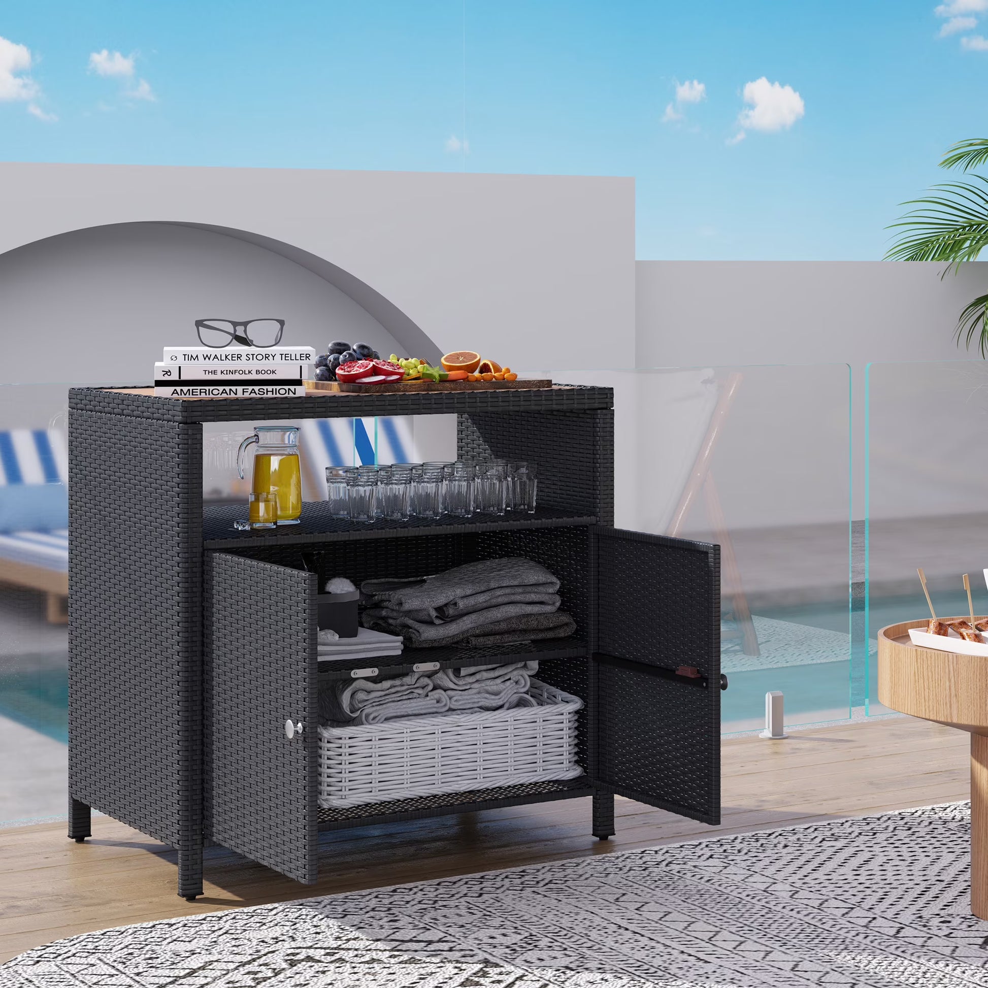 Outsunny Rattan Outdoor Storage Cabinet, Wicker Bar Table with Acacia Wood Countertop, Two Doors, Shelf, for Garden, Patio, Backyard, Black