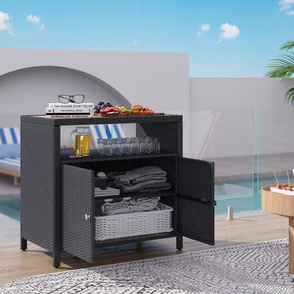 Outsunny Rattan Outdoor Storage Cabinet, Wicker Bar Table with Acacia Wood Countertop, Two Doors, Shelf, for Garden, Patio, Backyard, Black