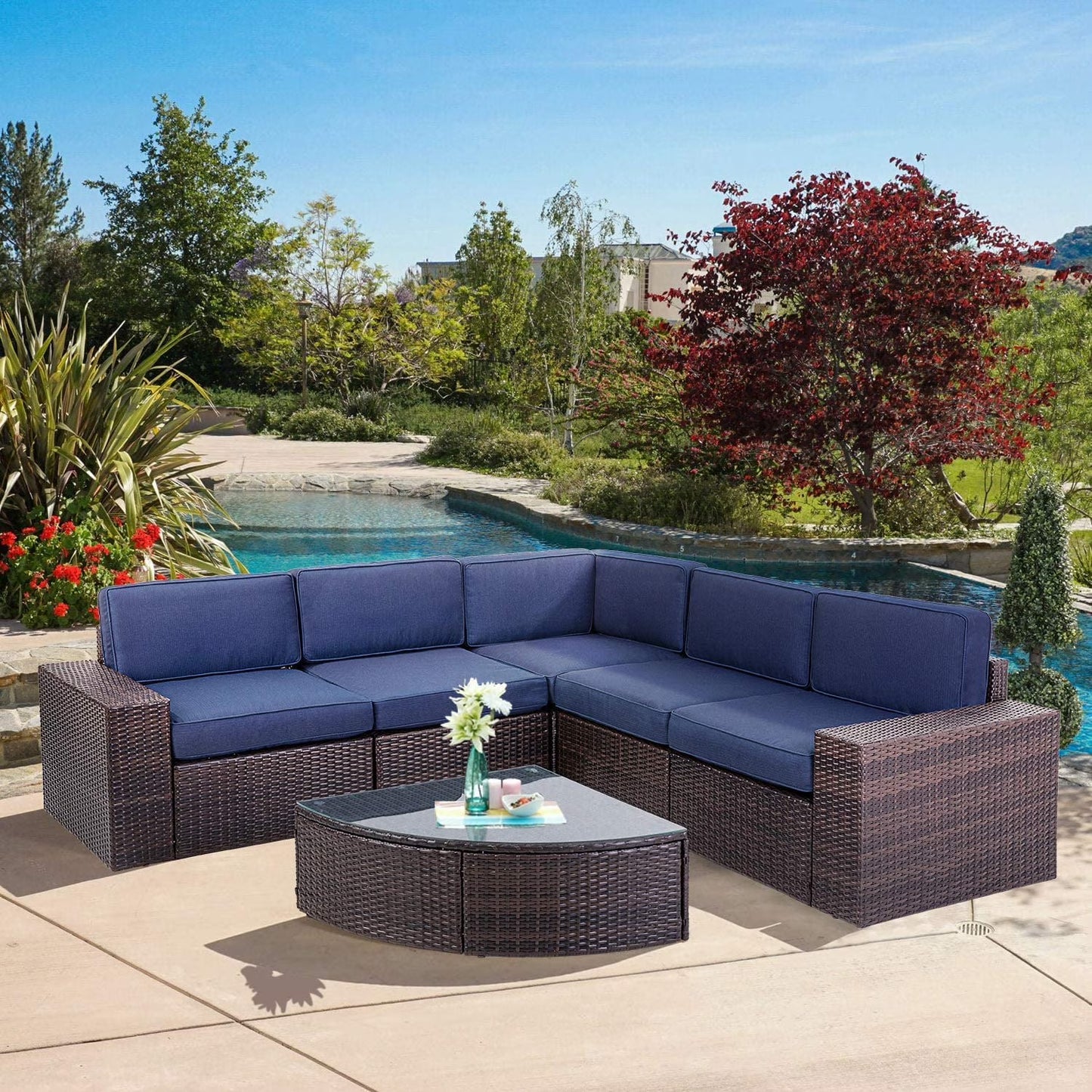 SUNCROWN 6-Piece Outdoor Furniture Patio Sectional Set All-Weather Wicker Conversation Sofa, Light Brown