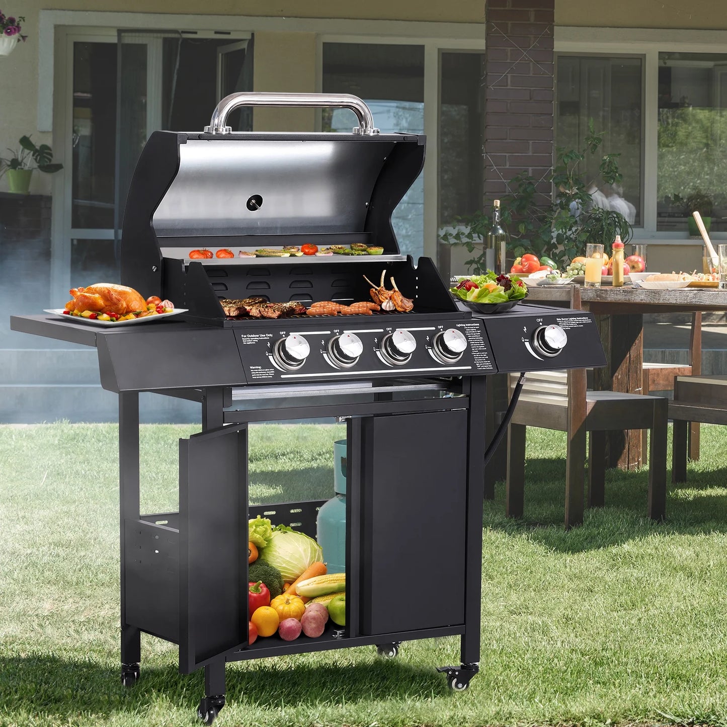 Haverchair 4-Burner Gas BBQ Grill, Cast Iron Barbecue Gas Grill with Side Burner and Bottle Opener for Outdoor Patio Garden Picnic Backyard Cooking, 50,000BTU Black
