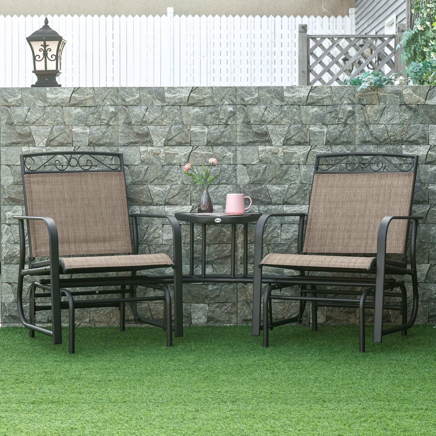 Outsunny Outdoor Glider Chairs with Coffee Table, Patio 2-Seat Rocking Chair Swing with Breathable Sling for Backyard, Garden and Porch, Black