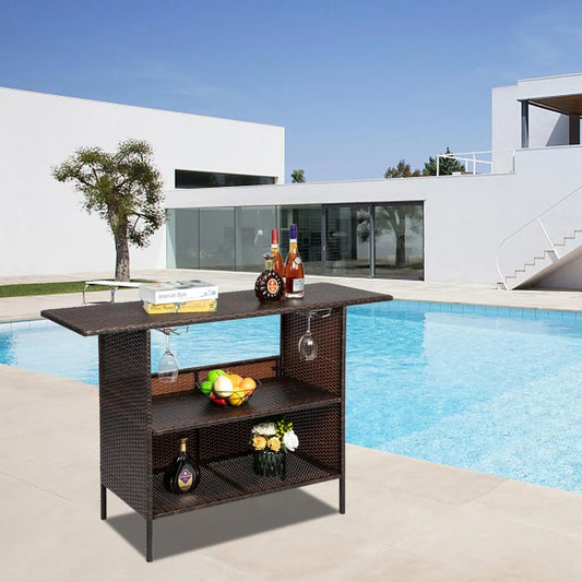 Zimtown Outdoor Wicker Bar Table with 2 Steel Shelves Brown, Patio Bar Table for Storage Function with 2 Tiers