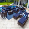 Tuscany 21-Piece Resin Wicker Outdoor Patio Furniture Combination Set with Sectional Set, Eight-seat Dining Set, and Chaise Lounge Set (Half-Round Brown Wicker, Polyester Light Gray)
