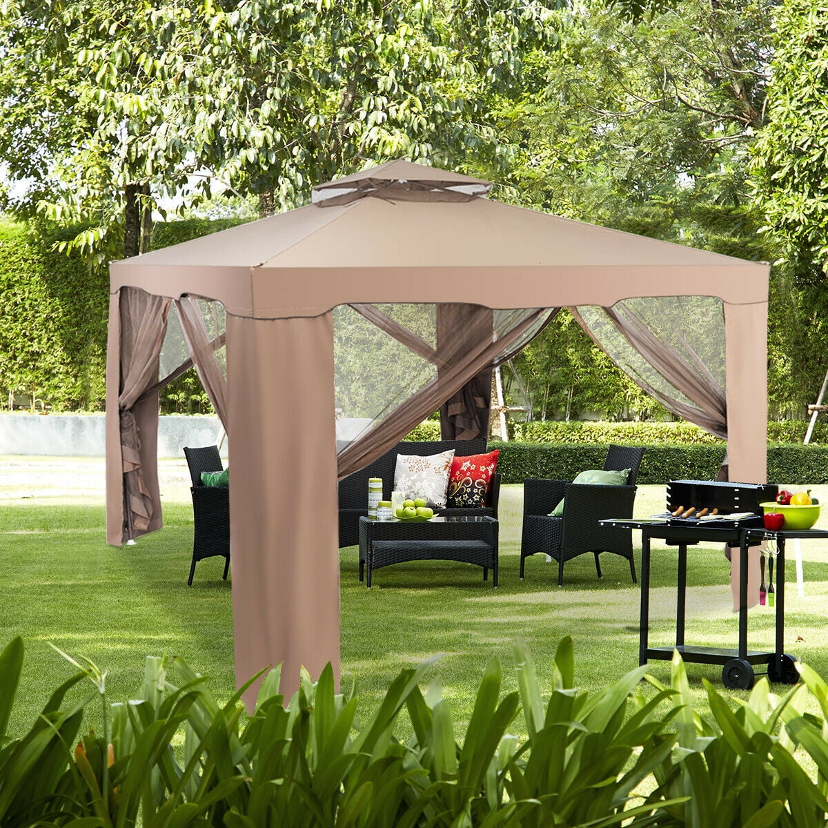 Gymax 10'x 10' Canopy Gazebo Shelter W/Mosquito Netting Outdoor Patio Beige