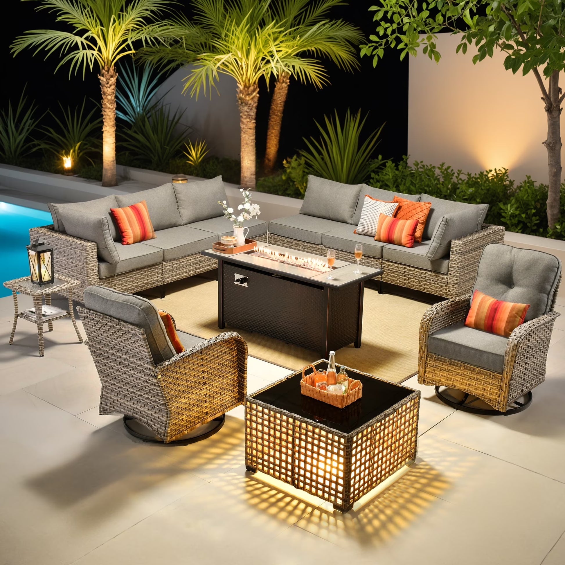 Ovios 11 Pieces Patio Outdoor Furniture Conversation Set with 54" Fire Pit Wicker Outdoor Sectional with Swivel Chair & Solar-Powered Table
