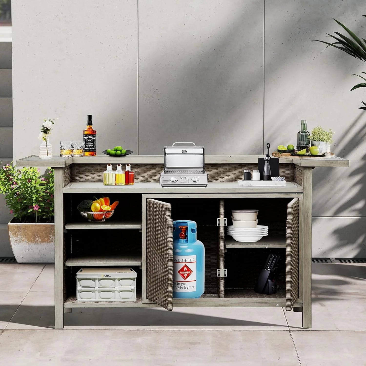 TOTAL Outdoor Home Bar Table with Aluminum Frame and Outdoor Wicker Design, for patio, kitchen, Gray