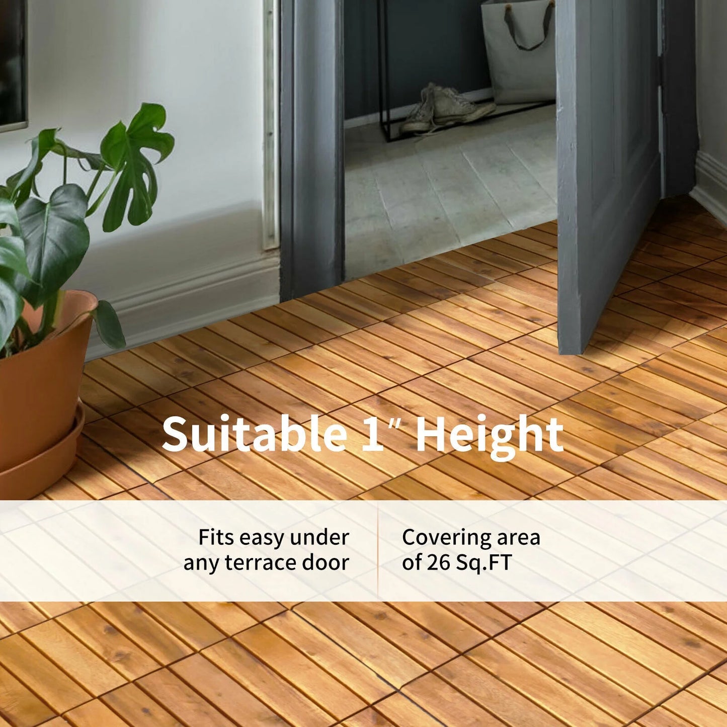 Patiojoy 27PCS 12"x12" Patio Interlocking Tiles Acacia Slat Wood Garden Outdoor &Indoor