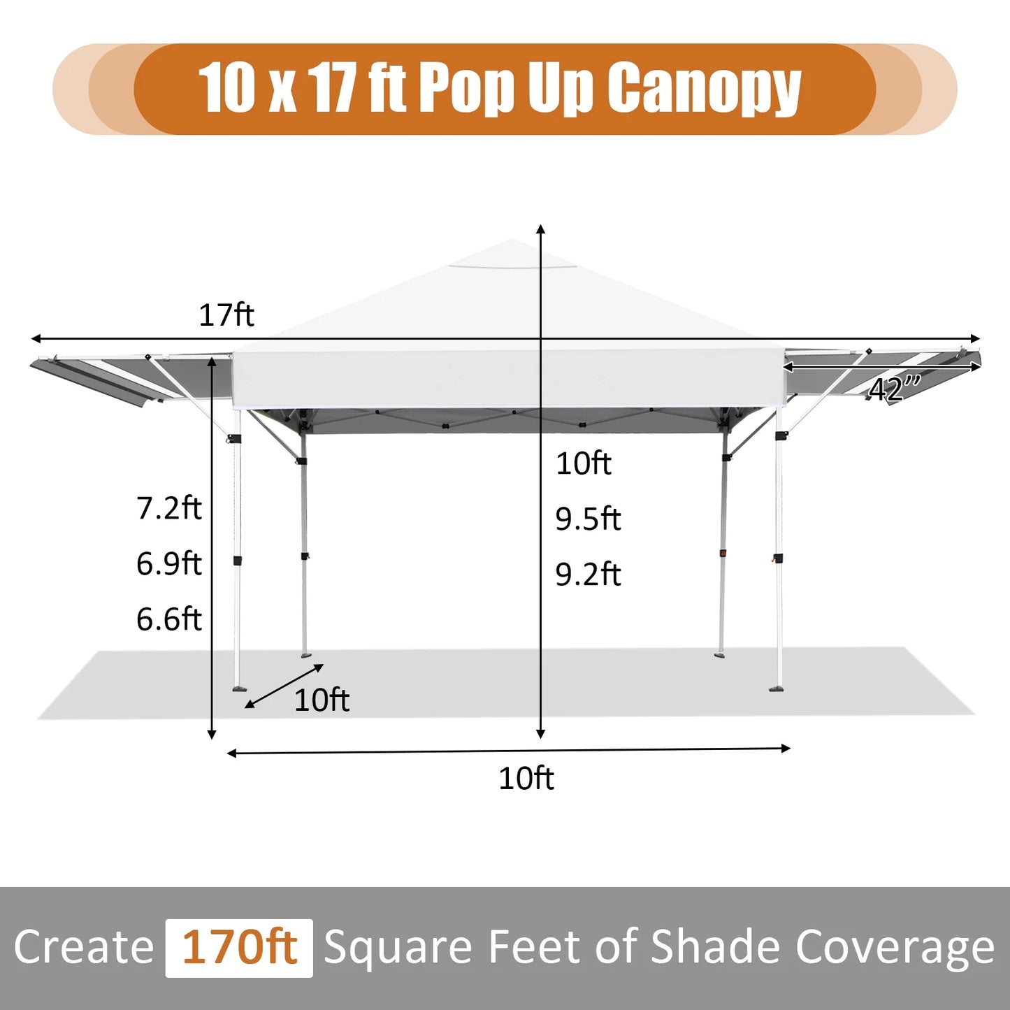 Patiojoy 10x17ft Pop up Canopy 3 Height Adjustment Folding Tent with Roller Bag White