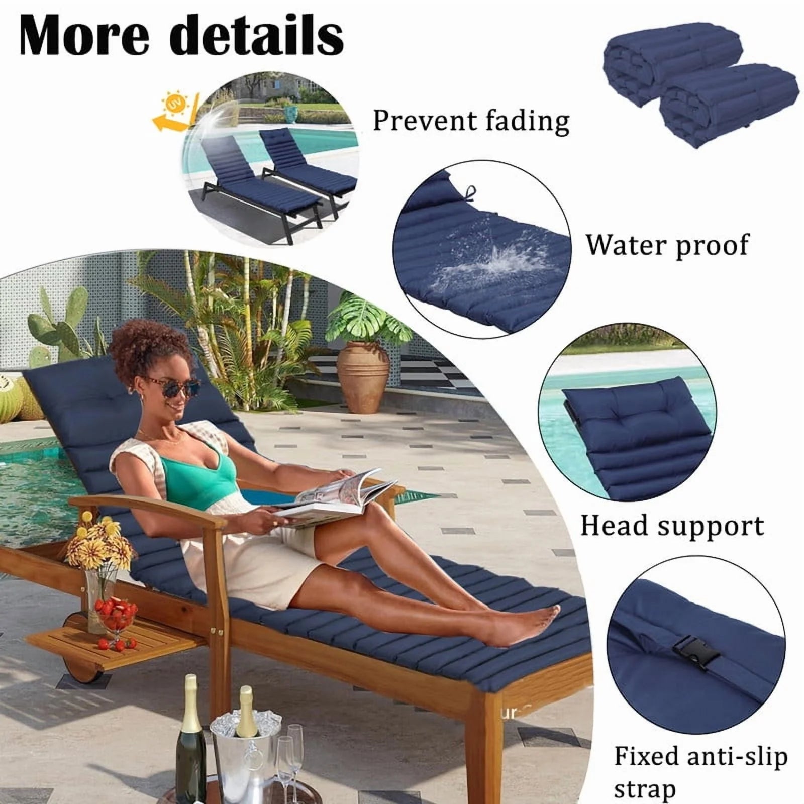 2pcs Outdoor Chaise Lounge Cushions, Waterproof Patio Foldable Chair Cushion for Garden Pool, 73 x 24in Sun Lounger Cushions for Outdoor FurnitureNavy blue