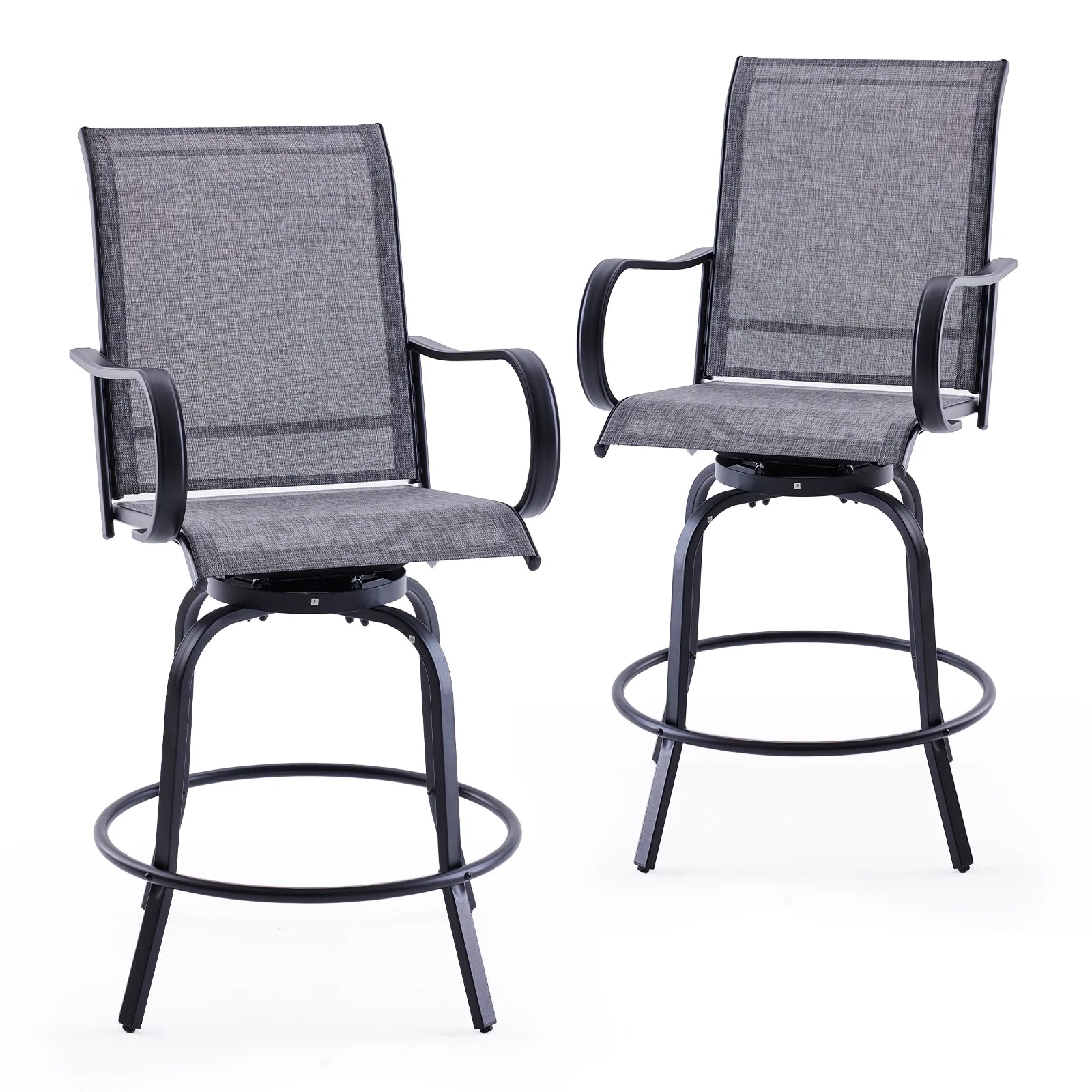 STARY Outdoor Bar Stools Set of 2, Swivel Patio Barstools with Textile Fabric,Ergonomic Comfort Bar Height Tall Outdoor Stools for Balcony,Dark Grey