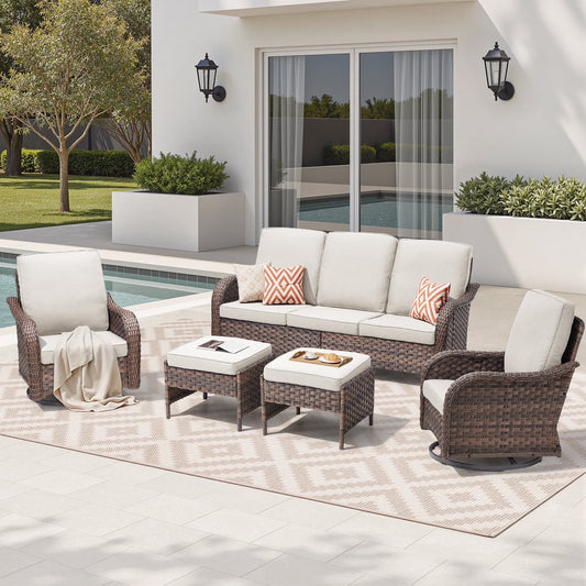 Planntonneo 5 Pieces Wicker Patio Furniture Set Deals, Outdoor Couch Set with Swivel Rocking Chairs and Ottomans for Porch Backyard Garden