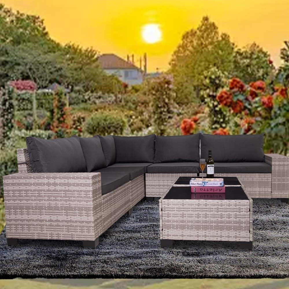 HISUKOY 7-Piece Modular Outdoor Sectional Wicker Patio Conversation Set,Outdoor Couch,All Weather Patio Conversation Sets with Washable Cushions and Glass Table, Rattan Wicker Couch for Garden