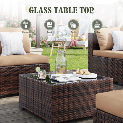 MRUAKA 8 Pieces Patio Furniture Set with Fire Pit Table, Outdoor Furniture Sectional Rattan Sofa with Slanted Back, Patio Couch with Glass Coffee Table for Backyard Garden (Dark Grey)